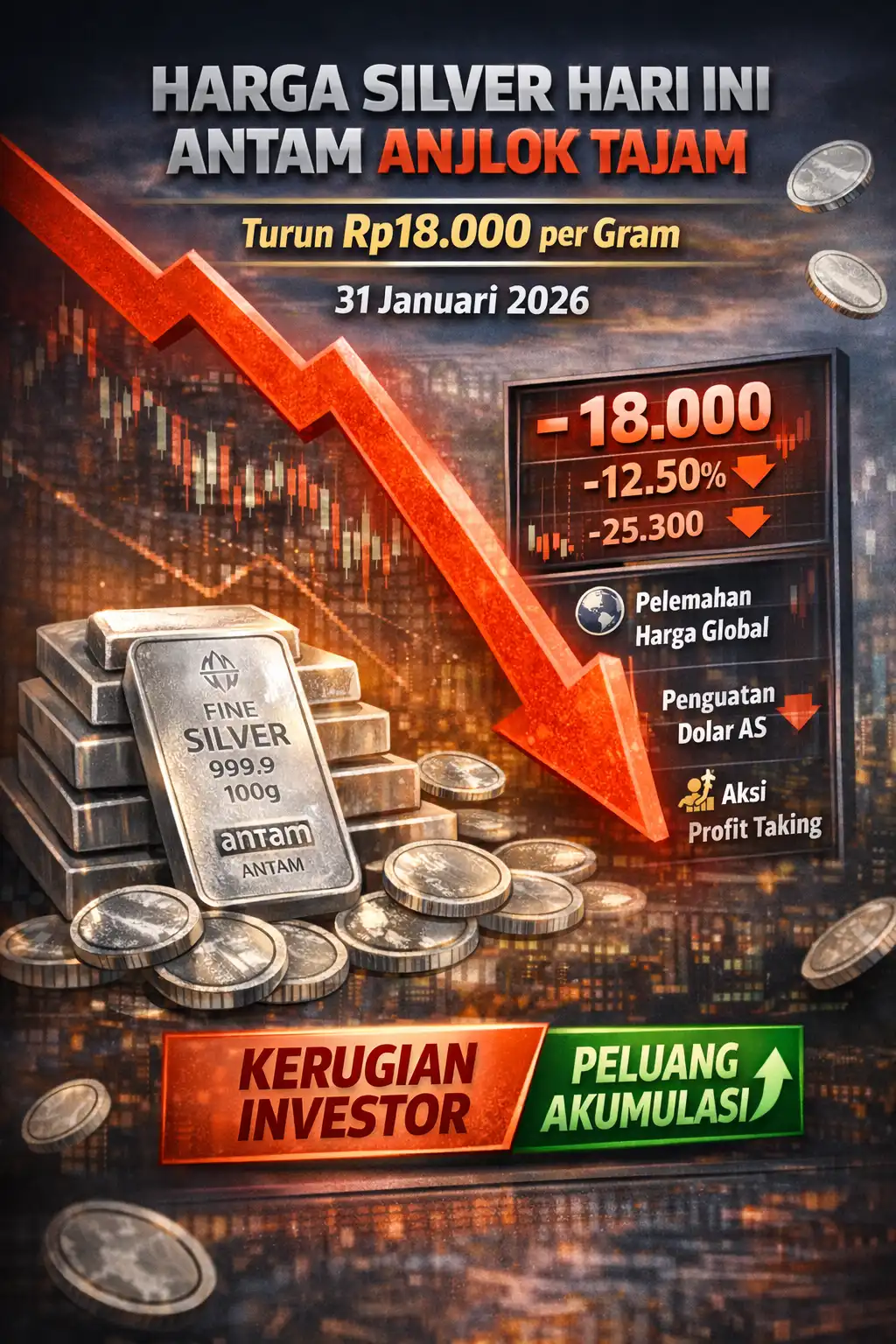 Read more about the article Harga Silver Hari Ini: Antam Anjlok Tajam Hingga Rp18.000 per Gram pada 31 Januari 2026